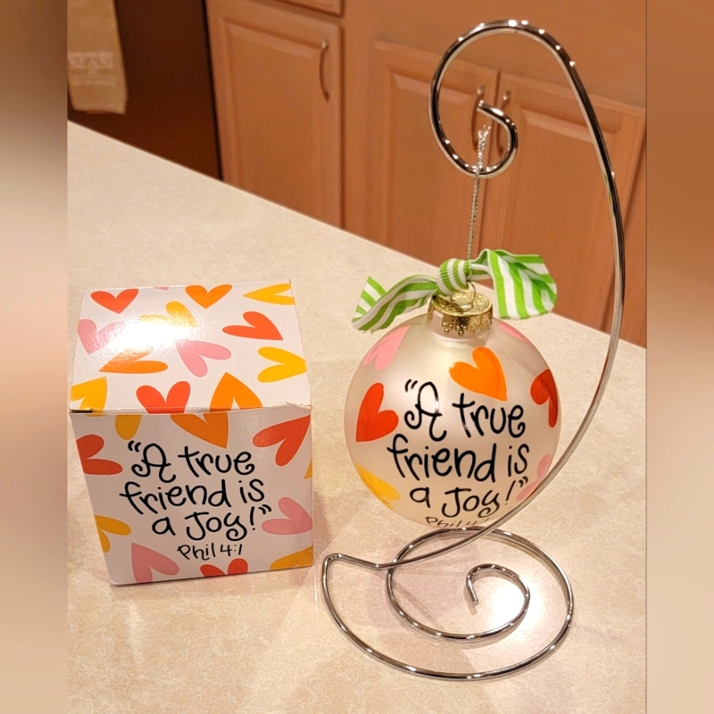 Friend Ornament Gift with Metal Stand & Box, "A true friend is a joy!"